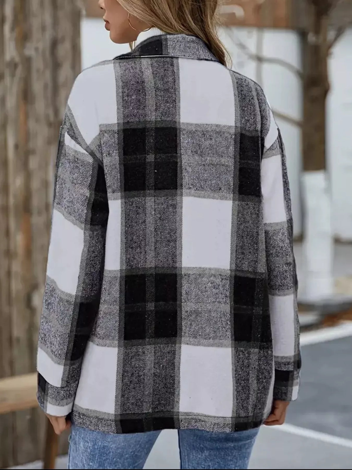Plaid Button-Up Long Sleeve Shacket, view 7