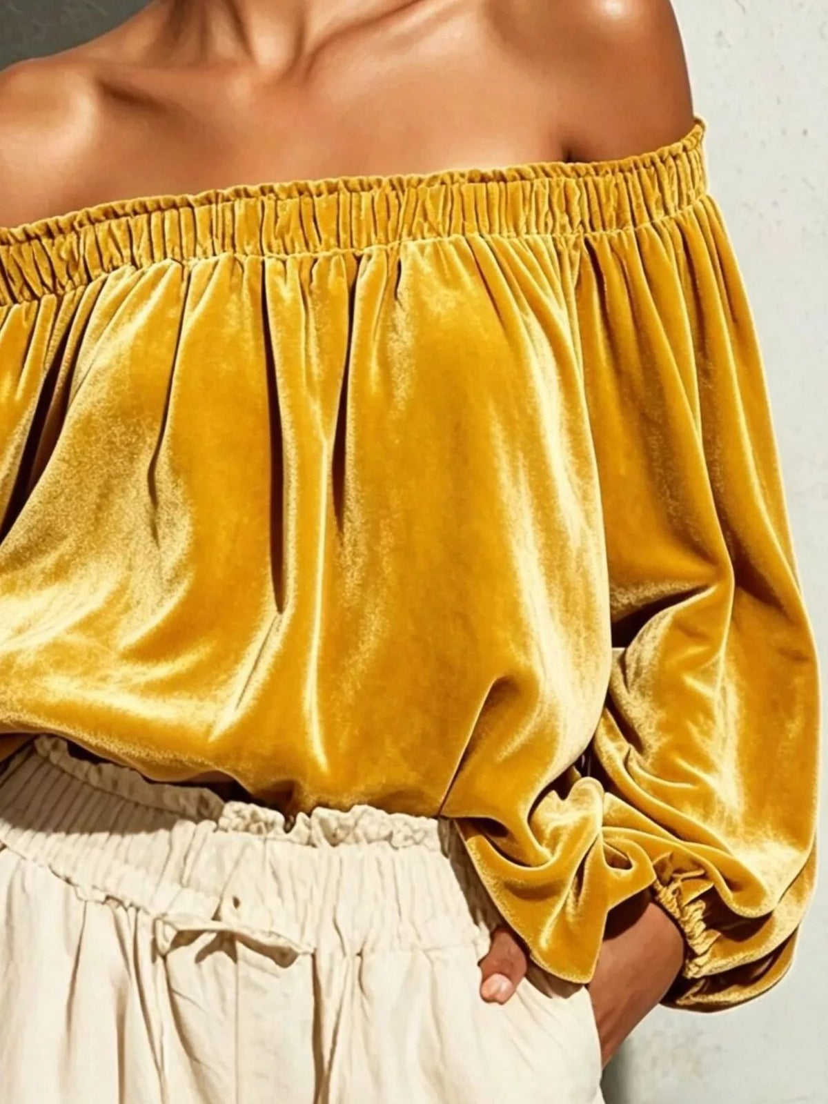 Off-Shoulder Velvet Long Sleeve T-Shirt - Lilixa.store