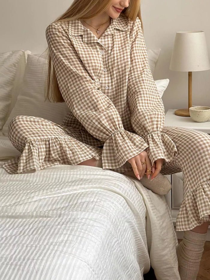 Gingham Ruffle-Trim Top and Pants Lounge Set - Lilixa.store
