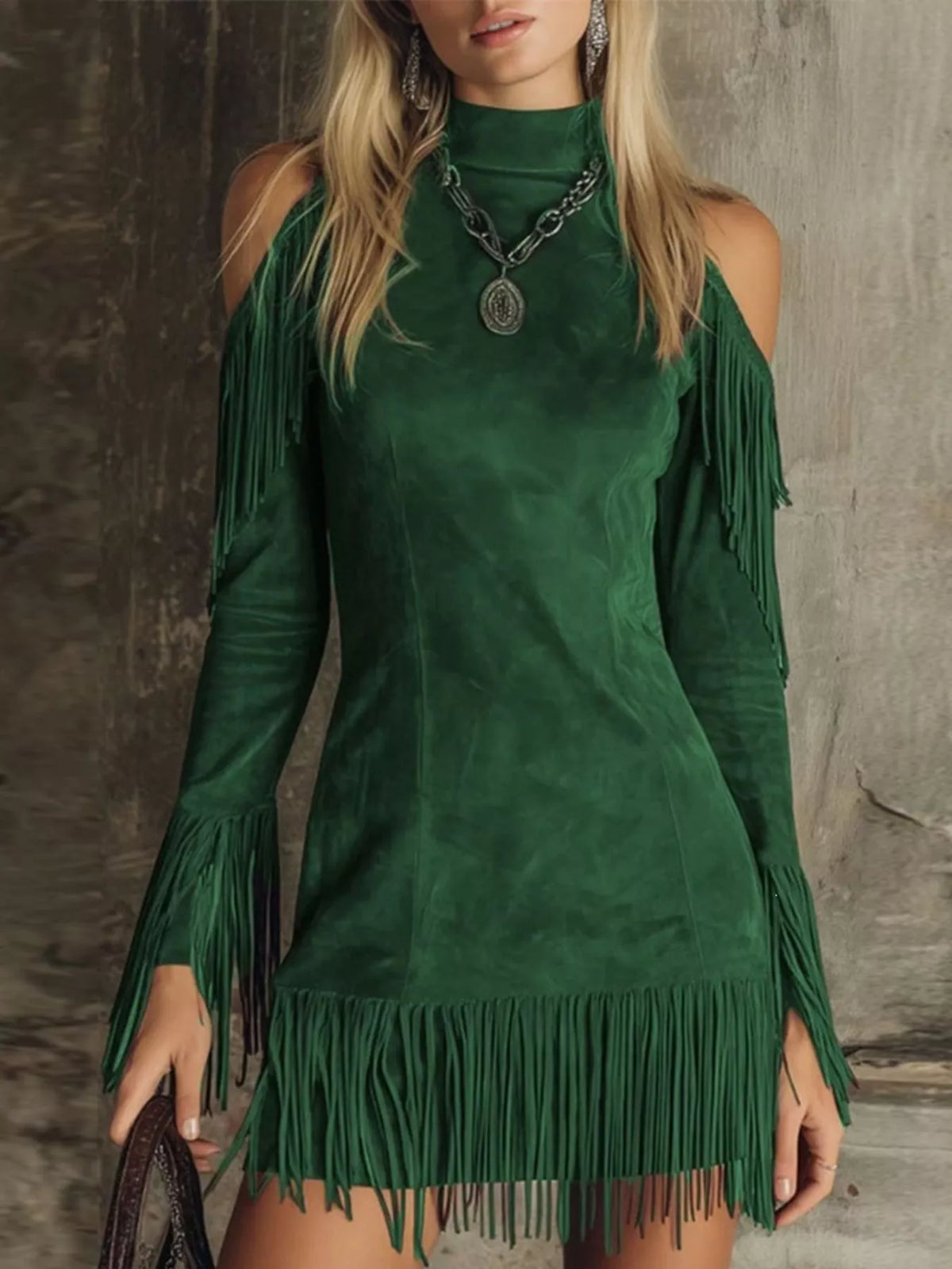 Fringed Cold Shoulder Mini Dress in Green