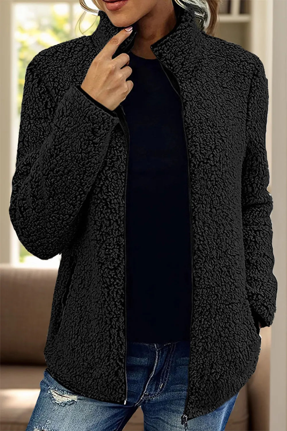 Pocketed Zip Up Turtleneck Jacket in Black