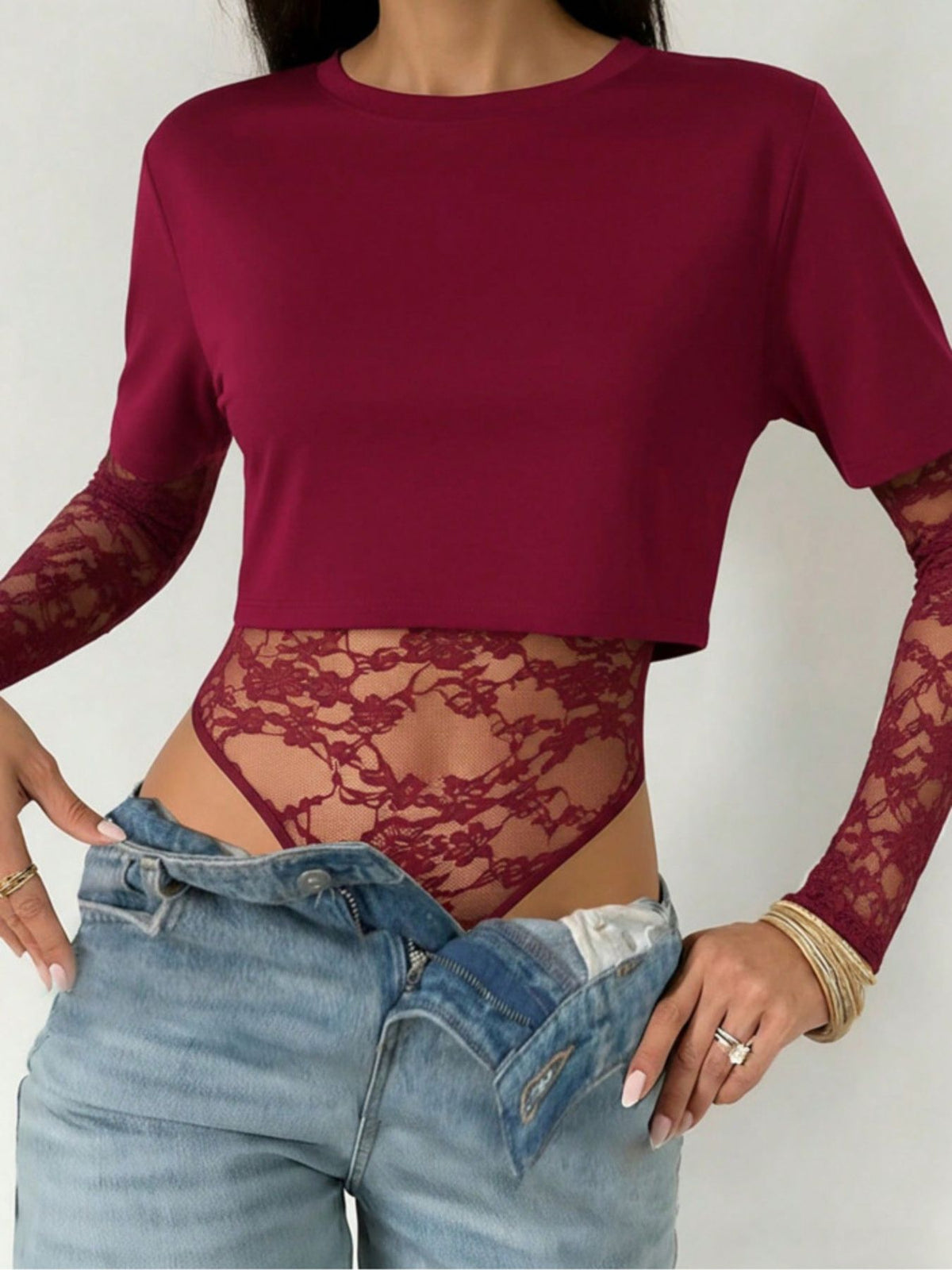 Lace Patchwork Round Neck Bodysuit - Lilixa.store