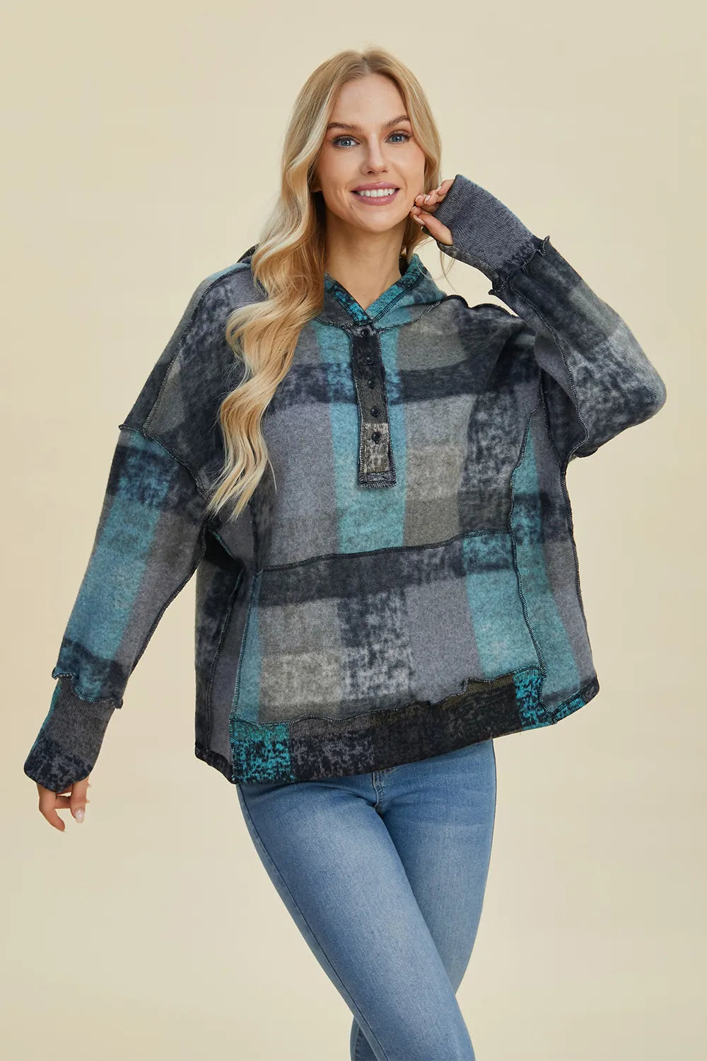 Double Take Full Size Plaid Dropped Shoulder Fleece Hoodie Plus Size - Lilixa.store