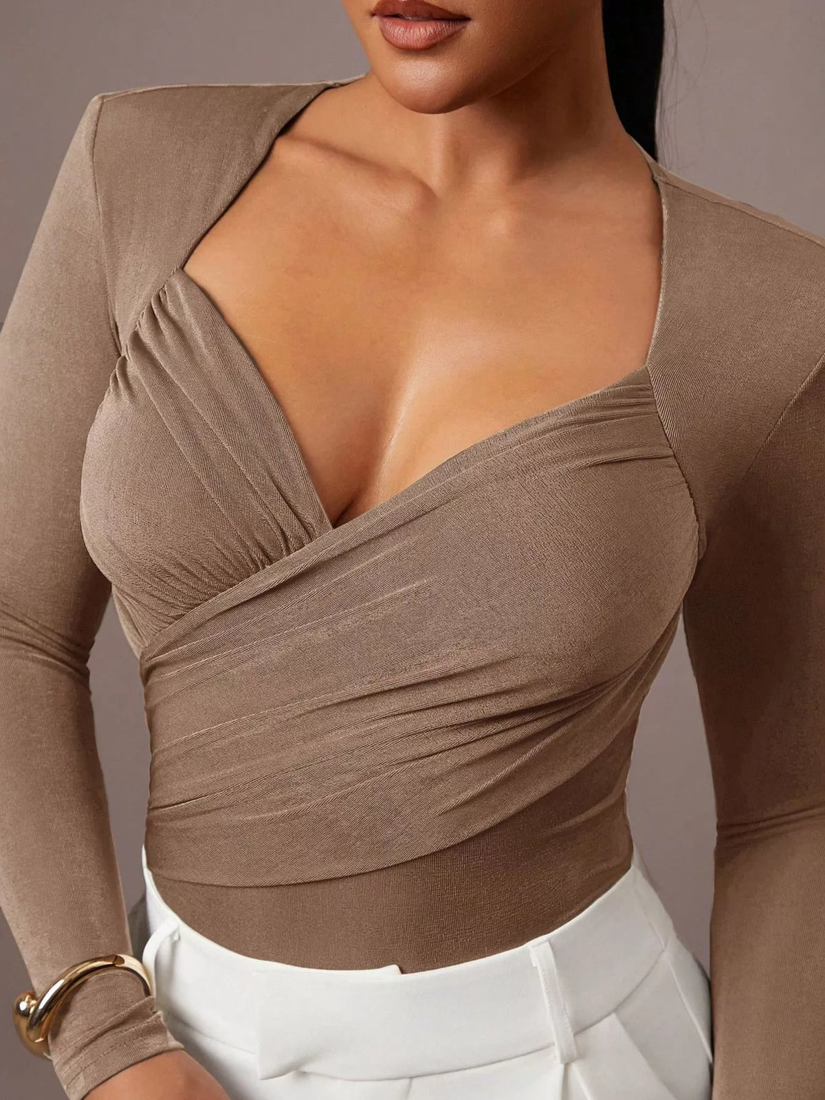 Ruched Surplice Long Sleeve Bodysuit - Lilixa.store