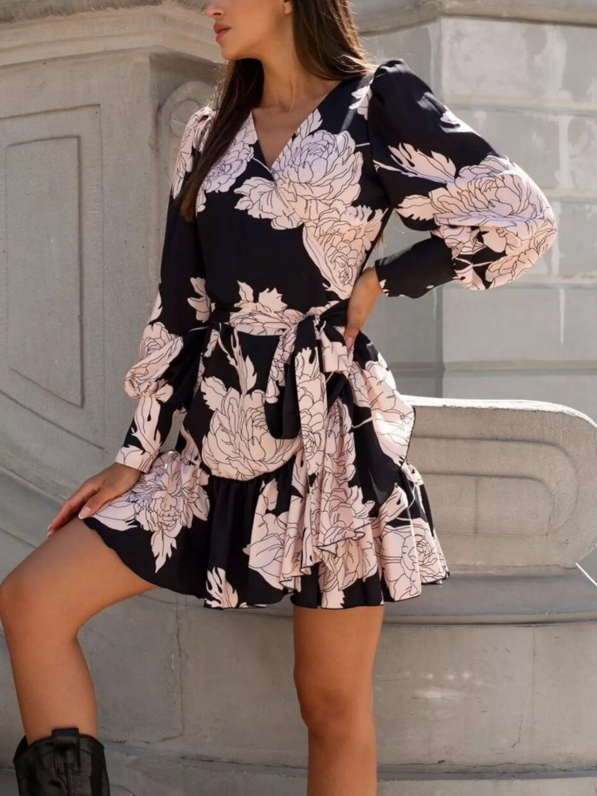 Printed Surplice Long Sleeve Wrap Mini Dress - Lilixa.store