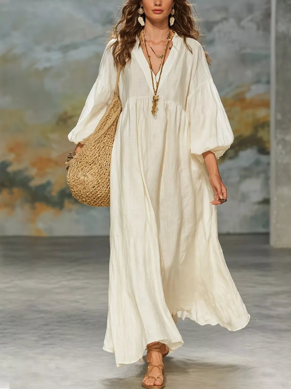 Full Size Notched 3/4 Sleeve Maxi Dress Plus Size