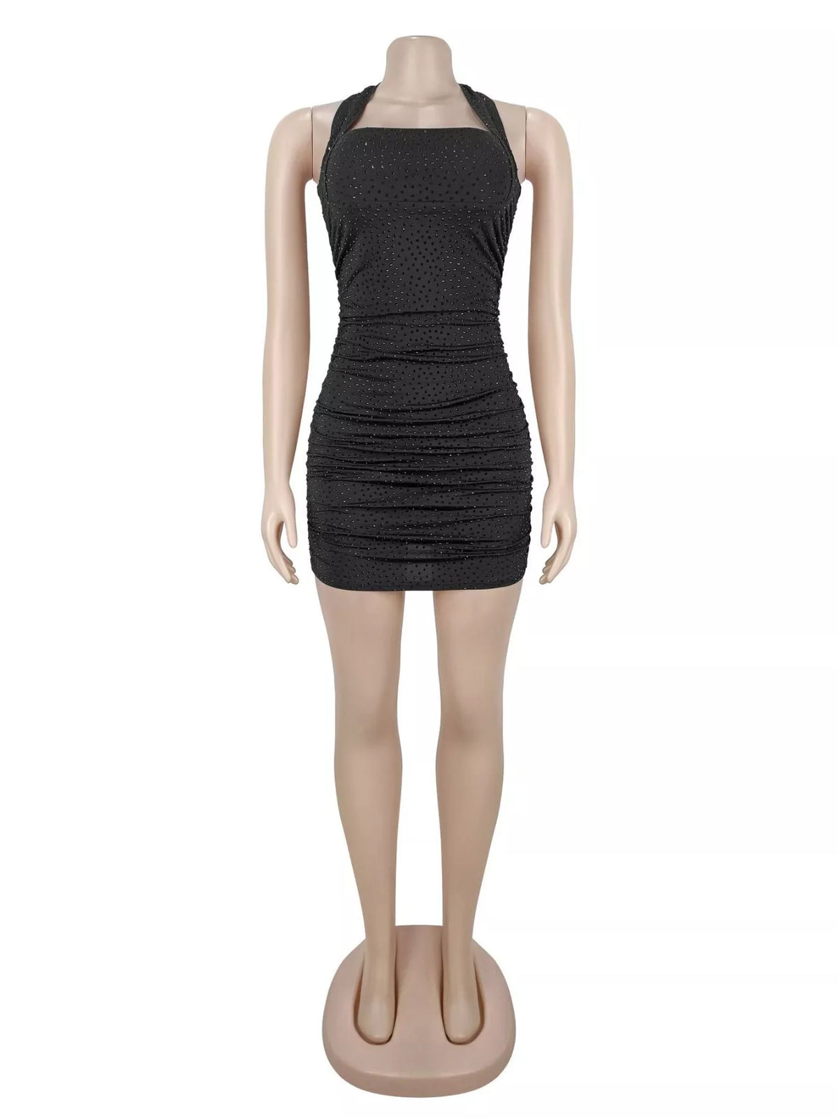 Rhinestone Ruched Halter Neck Bodycon Mini Dress