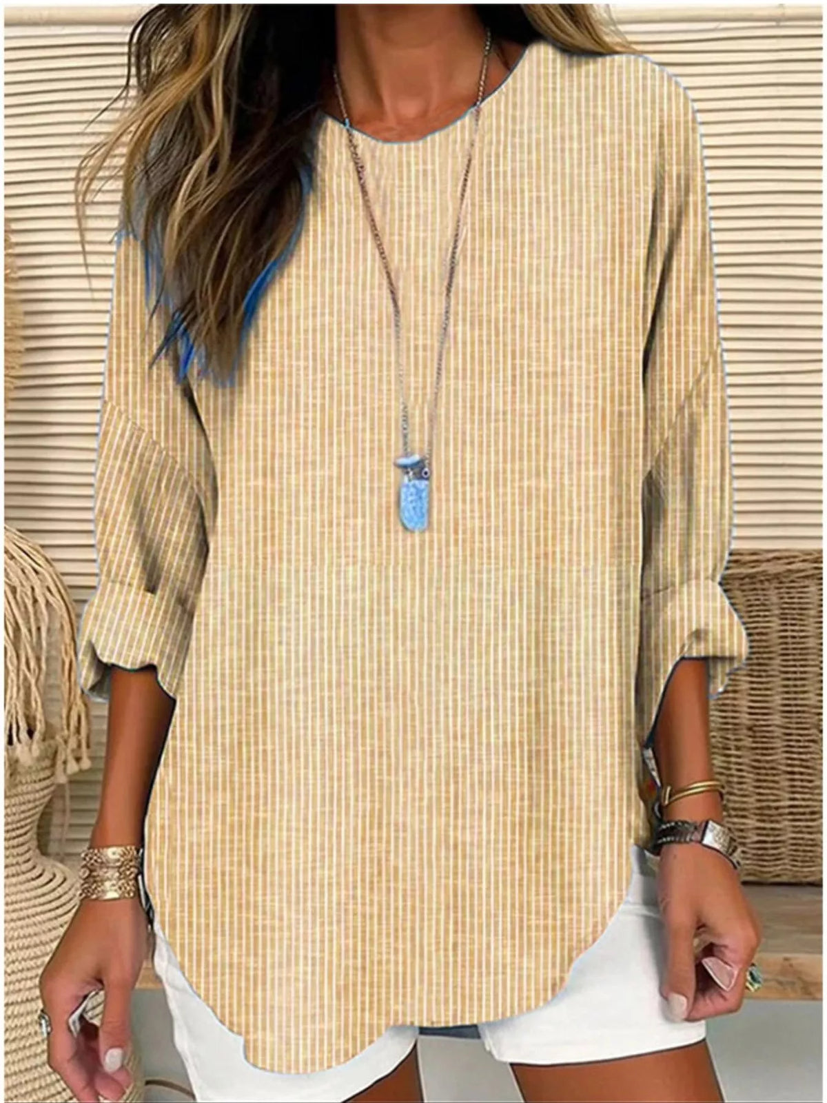 Casual Striped Long Sleeve Blouse in Light Yellow