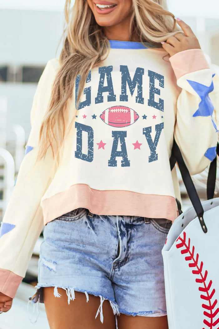 GAME DAY Star Patch Round Neck Long Sleeve Sweatshirt - Lilixa.store