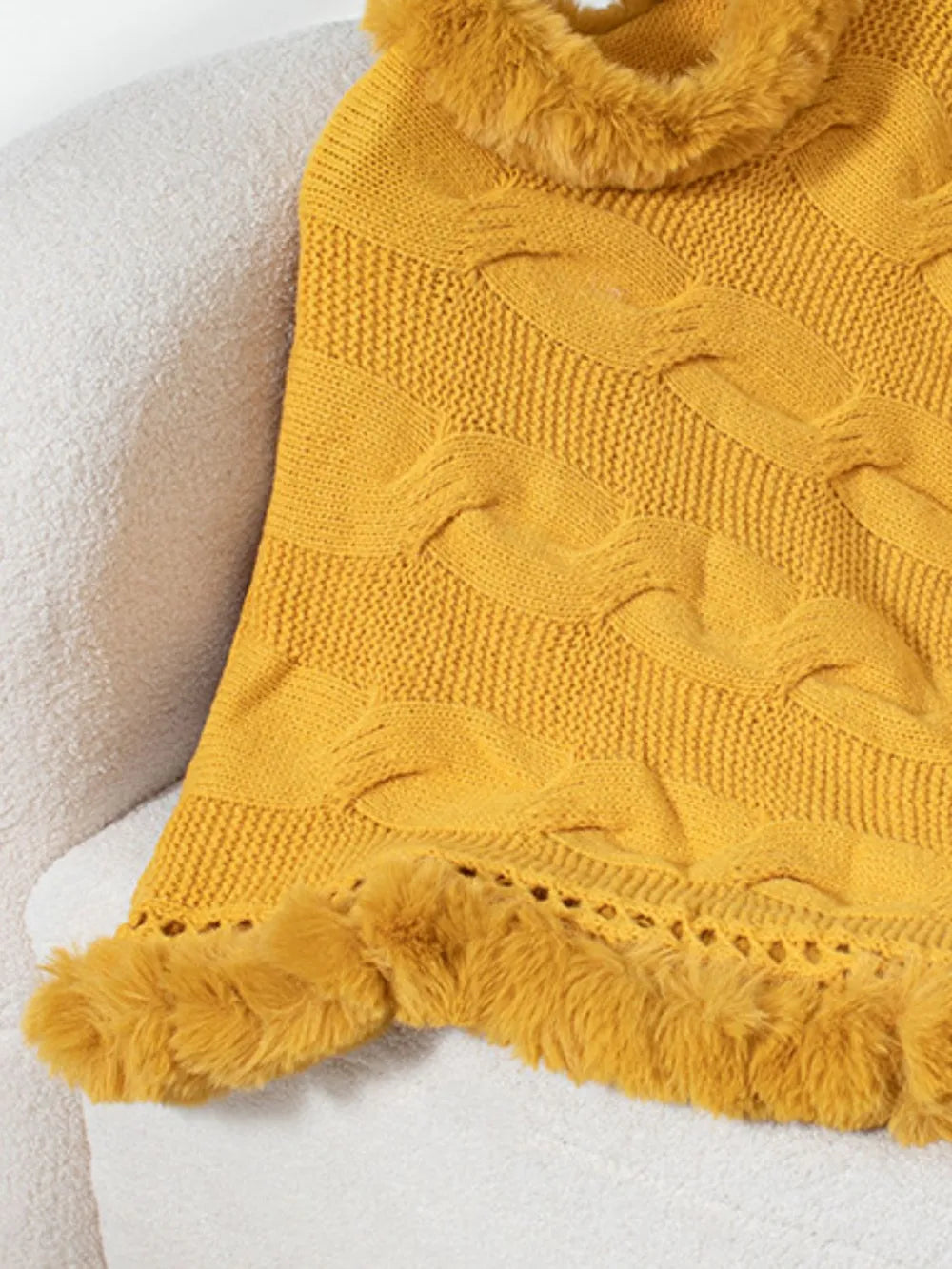 Fuzzy Hem Cable-Knit Poncho - Lilixa.store
