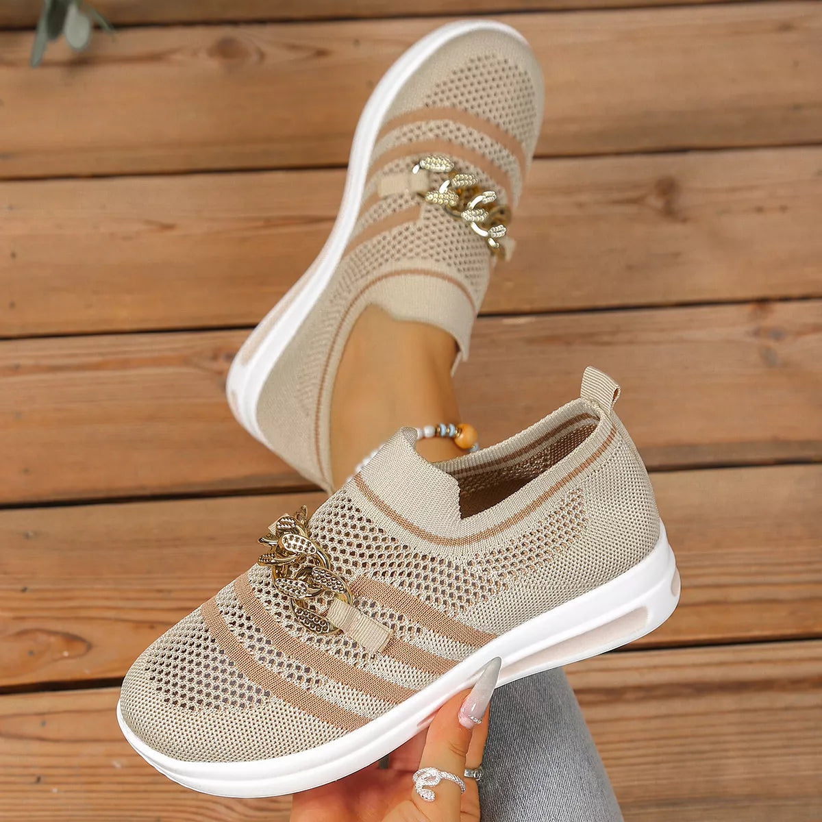 Round Toe Mesh Slip-Ons in Cream White