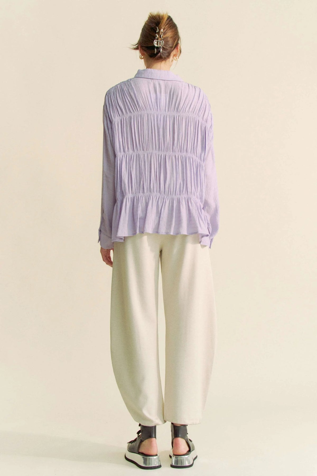 Davi & Dani Ruched All Over Button Front Shirt - Lilixa.store