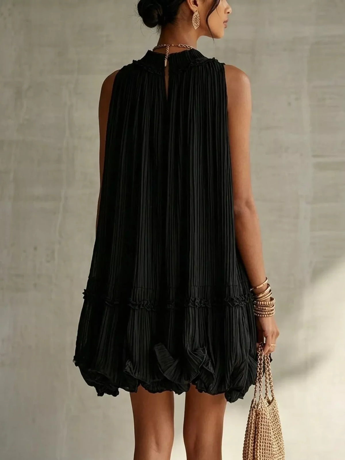 Pleated Mock Neck Sleeveless Mini Dress