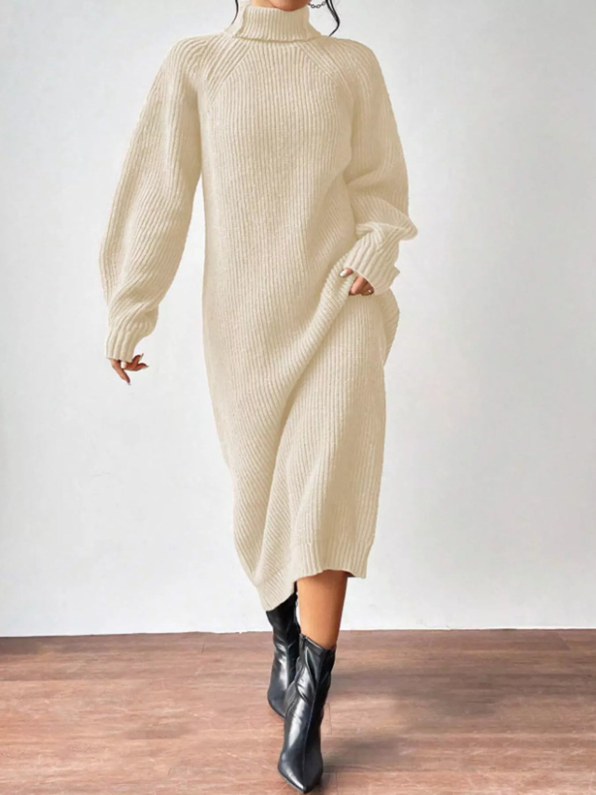 Turtleneck Ribbed Knit Midi Sweater Dress