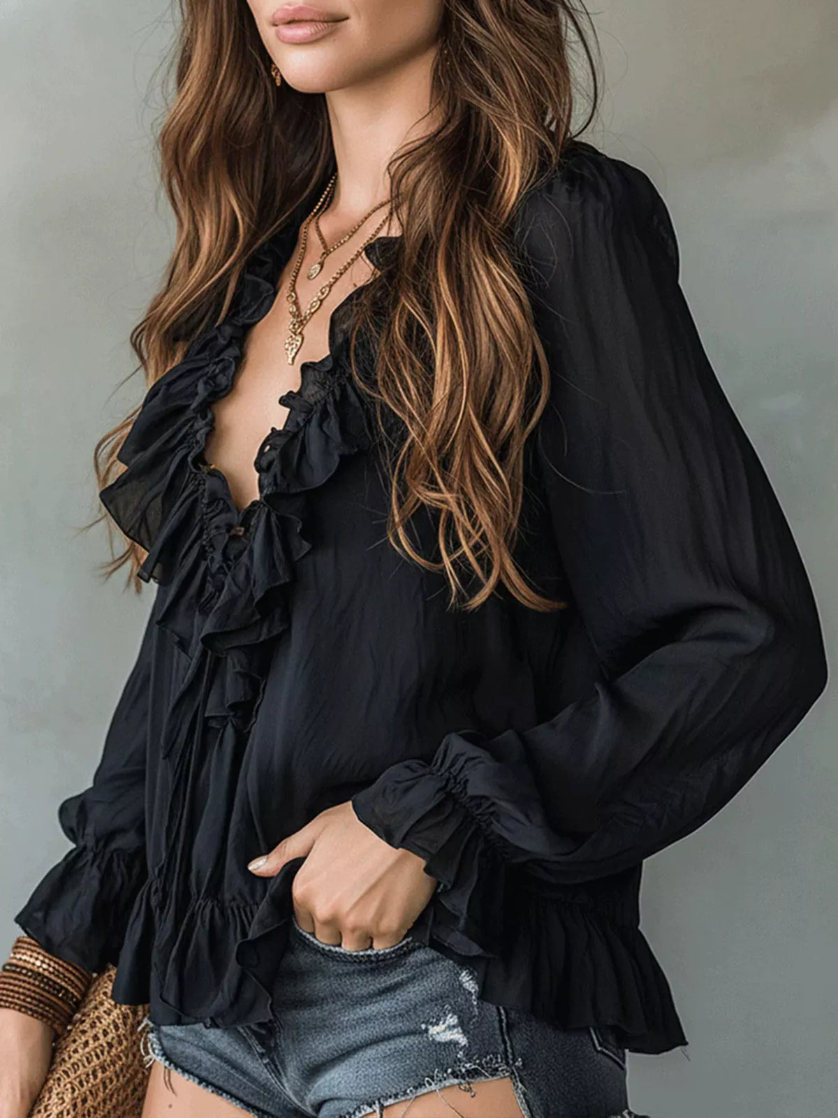 Ruffle V-Neck Long Sleeve Blouse, view 3