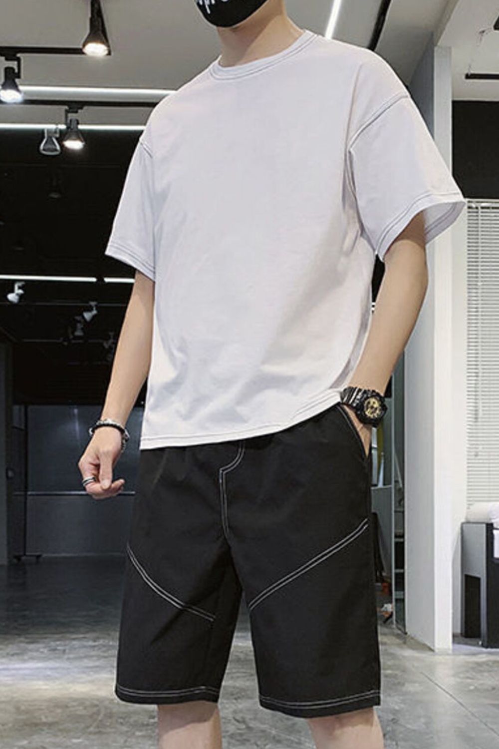 Men's Plus Size Casual Round Neck Top and Shorts Set in White, view 2