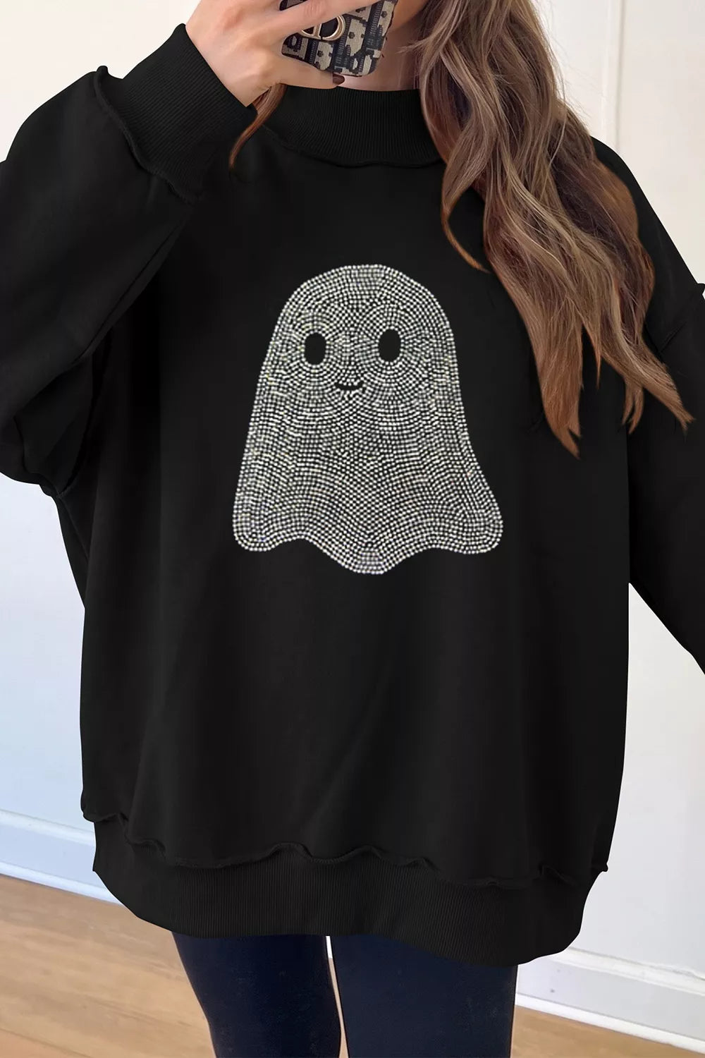 Rhinestone Ghost Exposed Seam Mock Neck Halloween Sweatshirt - Lilixa.store