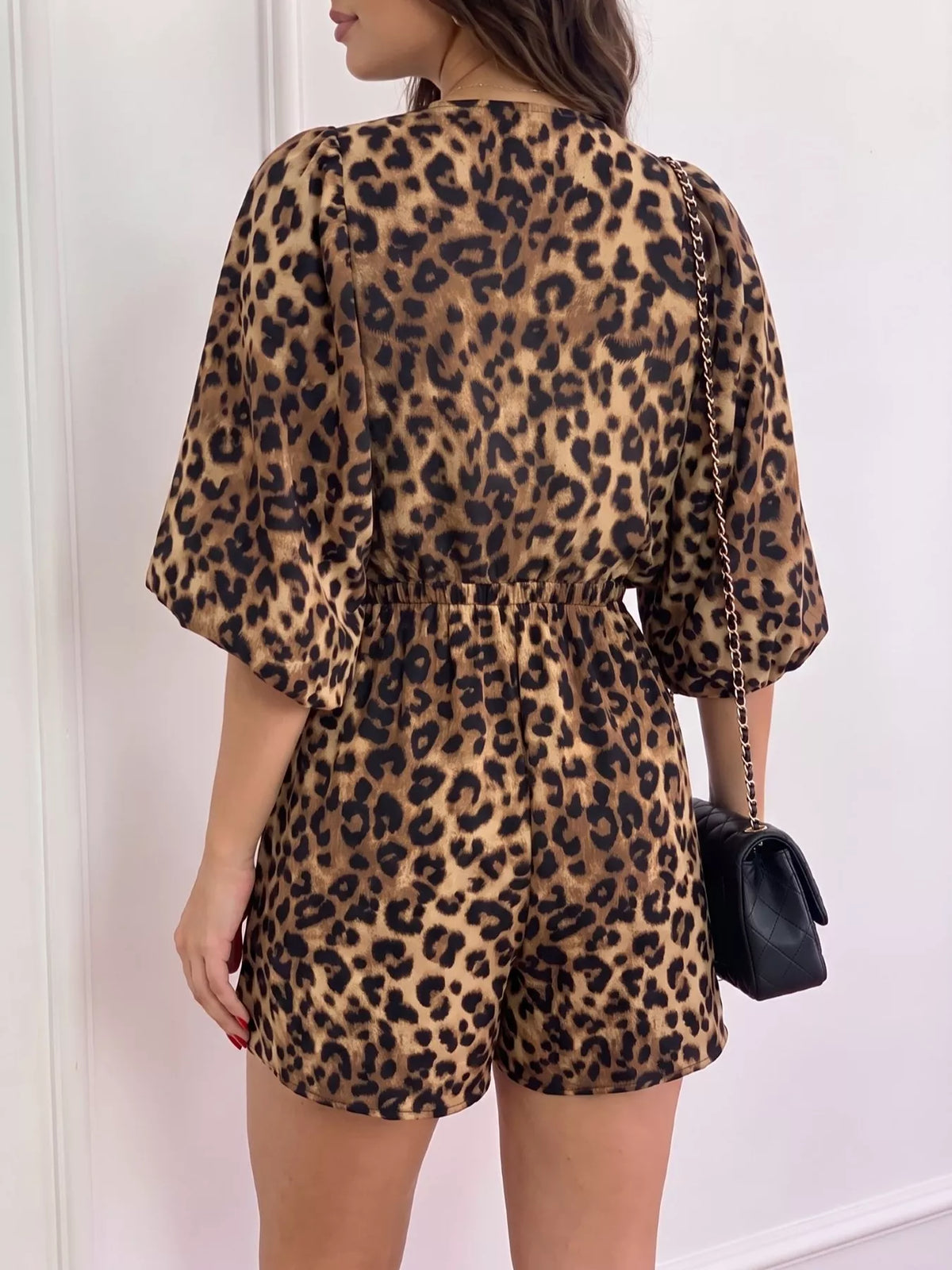 V-Neck Leopard Print Puff Sleeve Romper - Lilixa.store