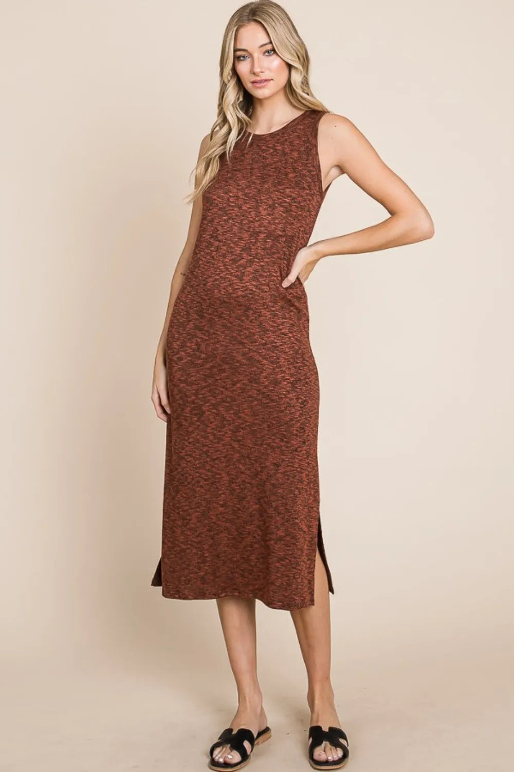 BOMBOM Slit Round Neck Sleeveless Midi Dress - Lilixa.store