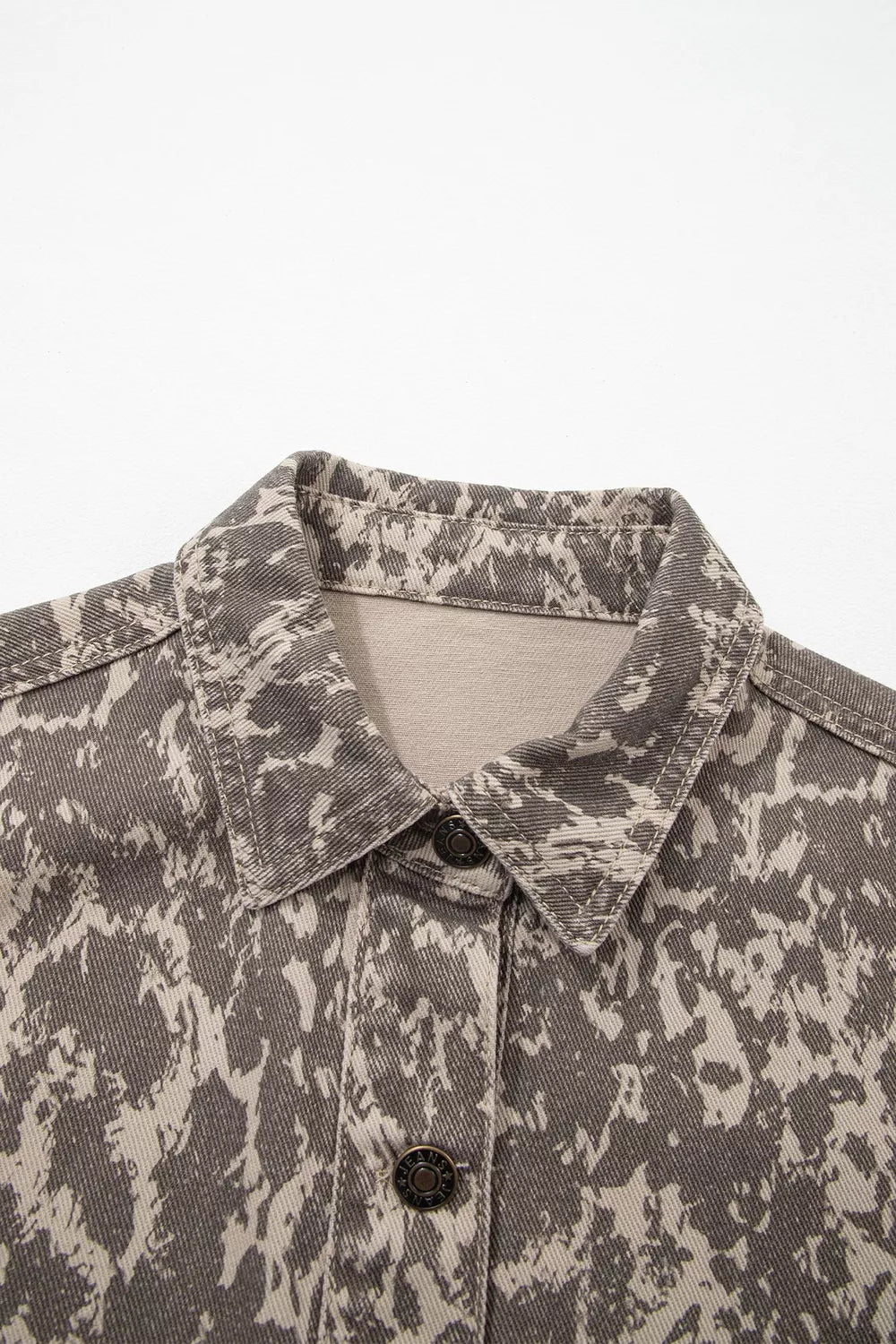 Abstract Print Long Sleeve Collar Raw Hem Denim Jacket in Mocha, view 7