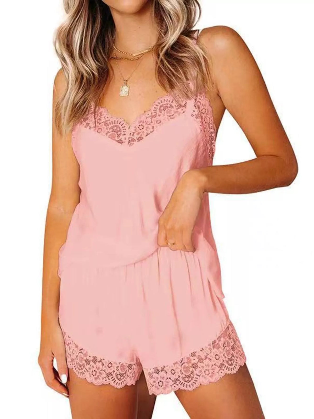 Lace Trim Cami and Shorts Lounge Set - Lilixa.store