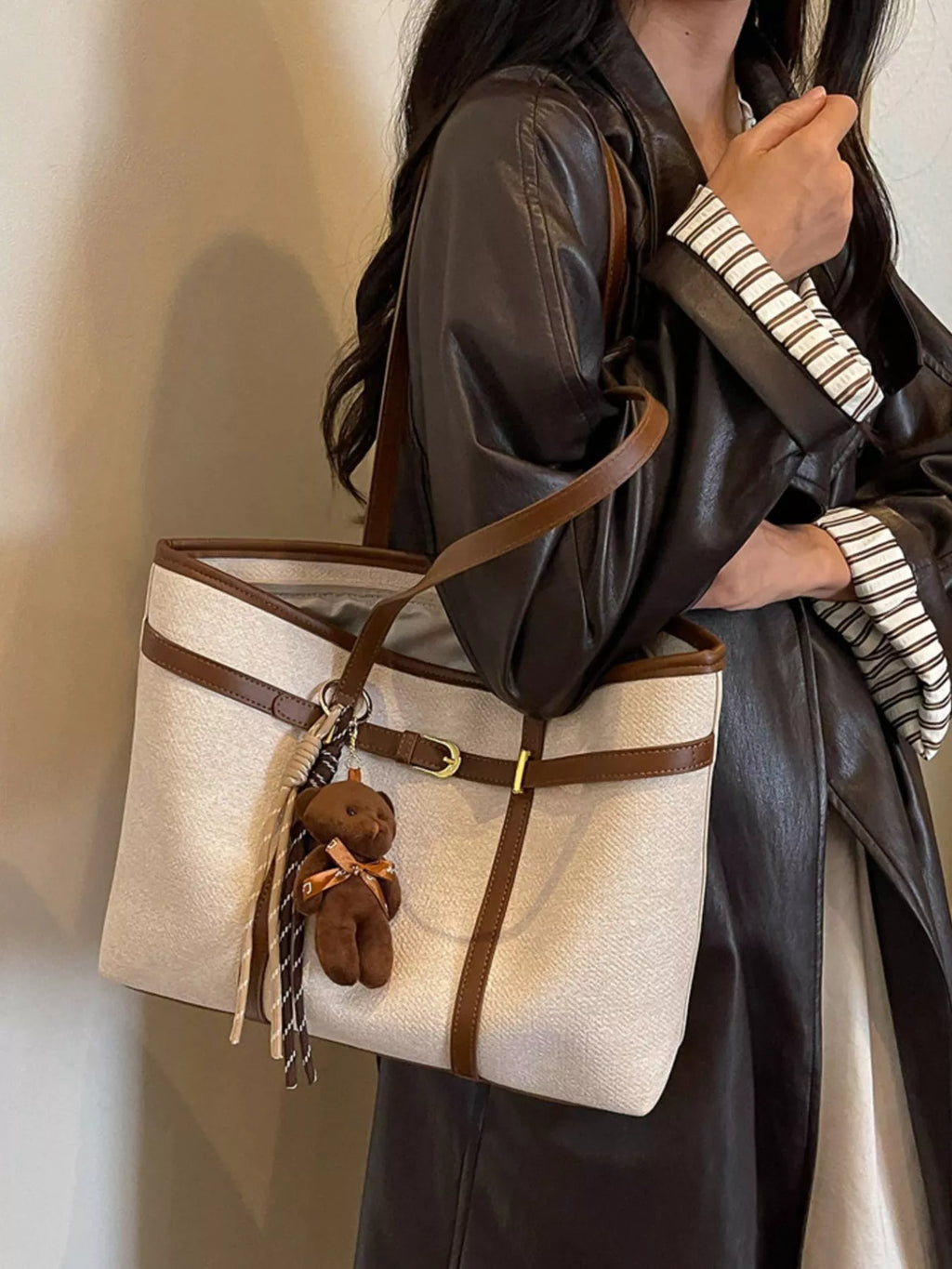 Decorative Buckle Tote Bag in Off-white, view 2