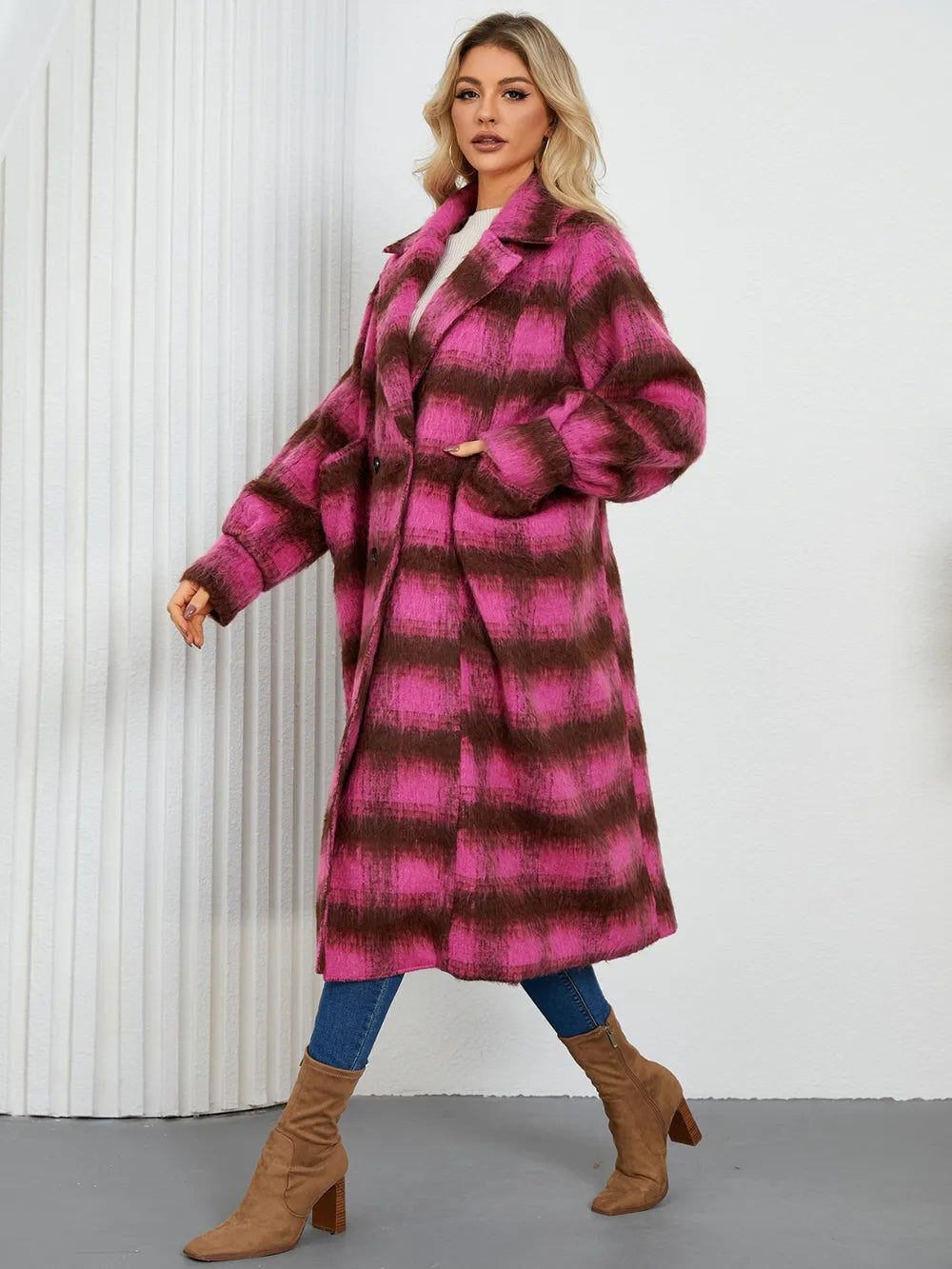 Contrast Double-Breasted Long Sleeve Longline Coat - Lilixa.store