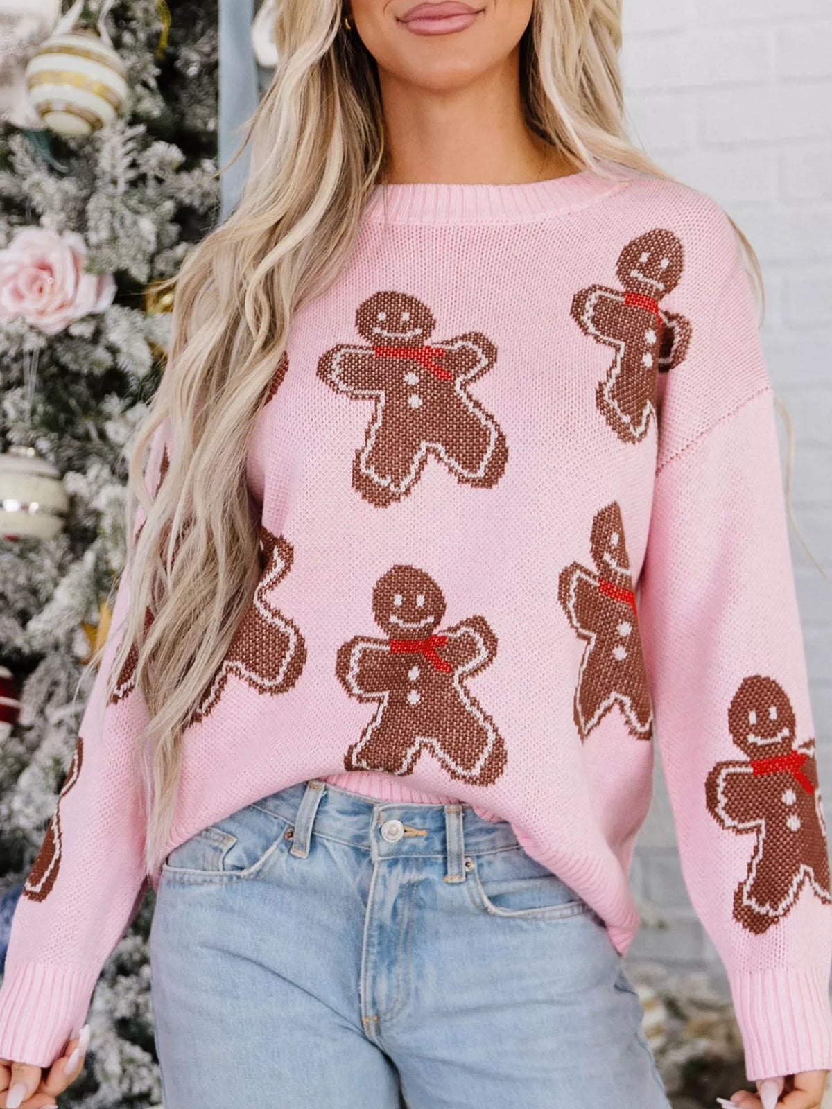 Gingerbread Pattern Round Neck Long Sleeve Shift Sweater