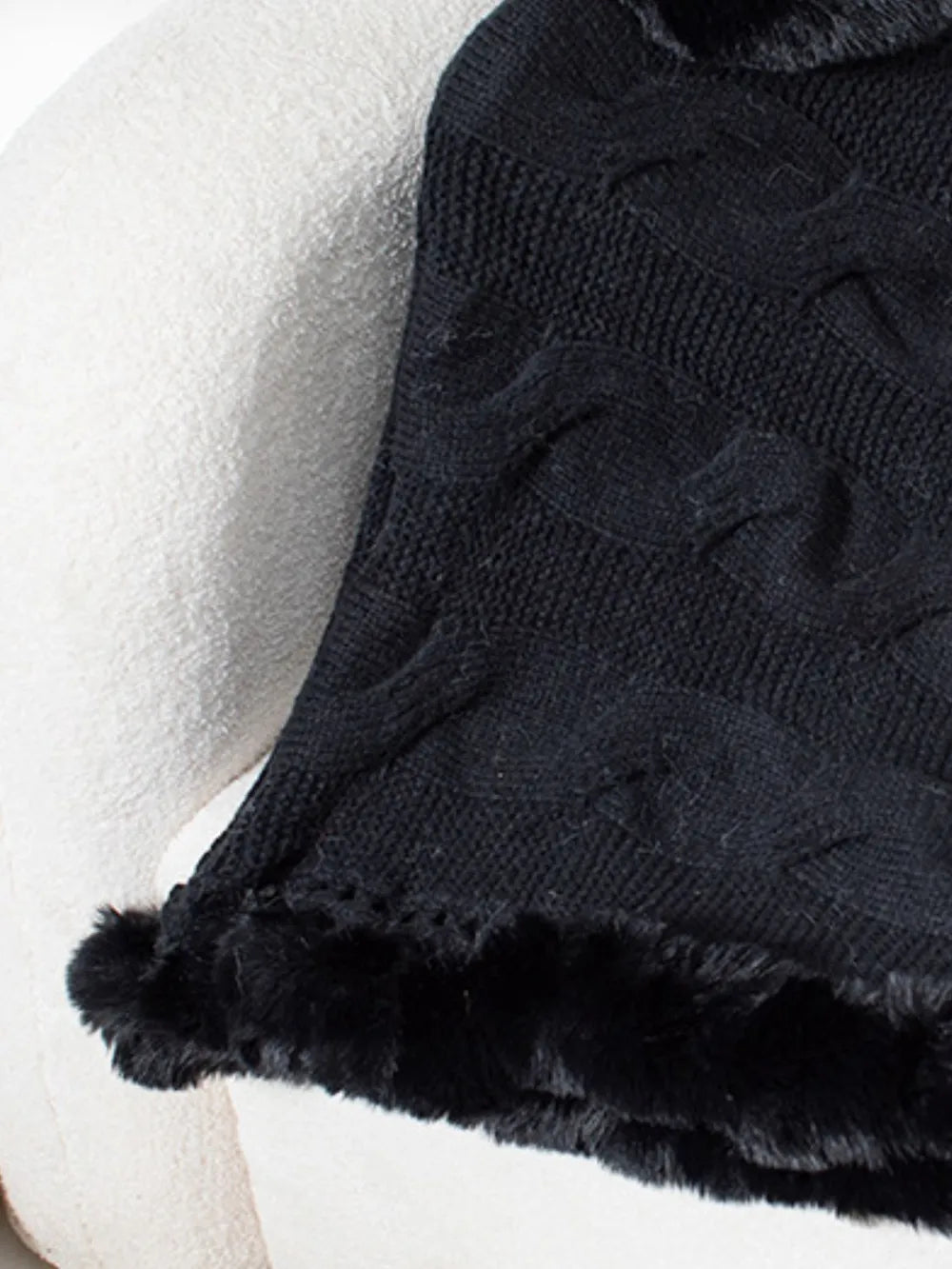 Fuzzy Hem Cable-Knit Poncho - Lilixa.store