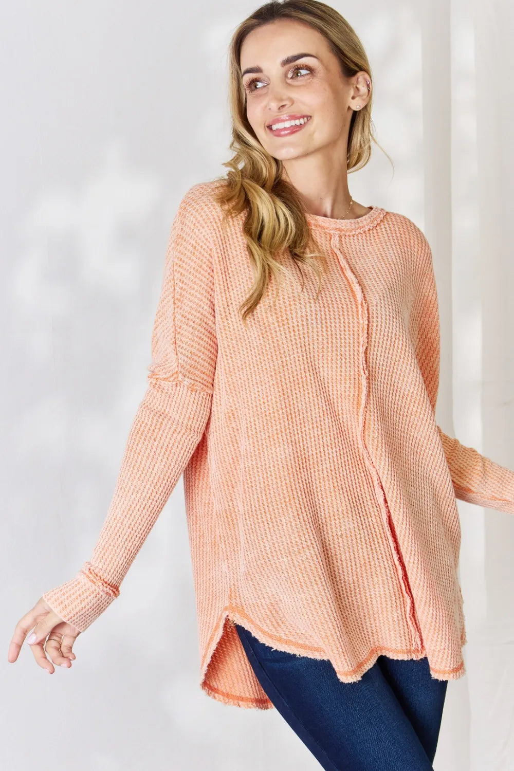 Zenana Oversized Washed Waffle Long Sleeve Top - Lilixa.store