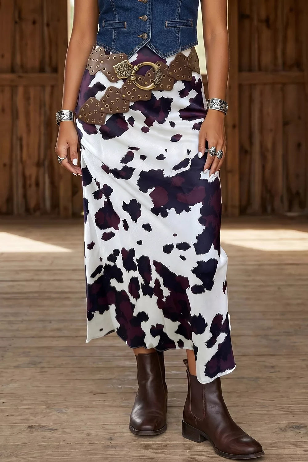 Abstract Print Western Long Metal Zip-Up Waist Daily Wear Skirt in Coffee Brown