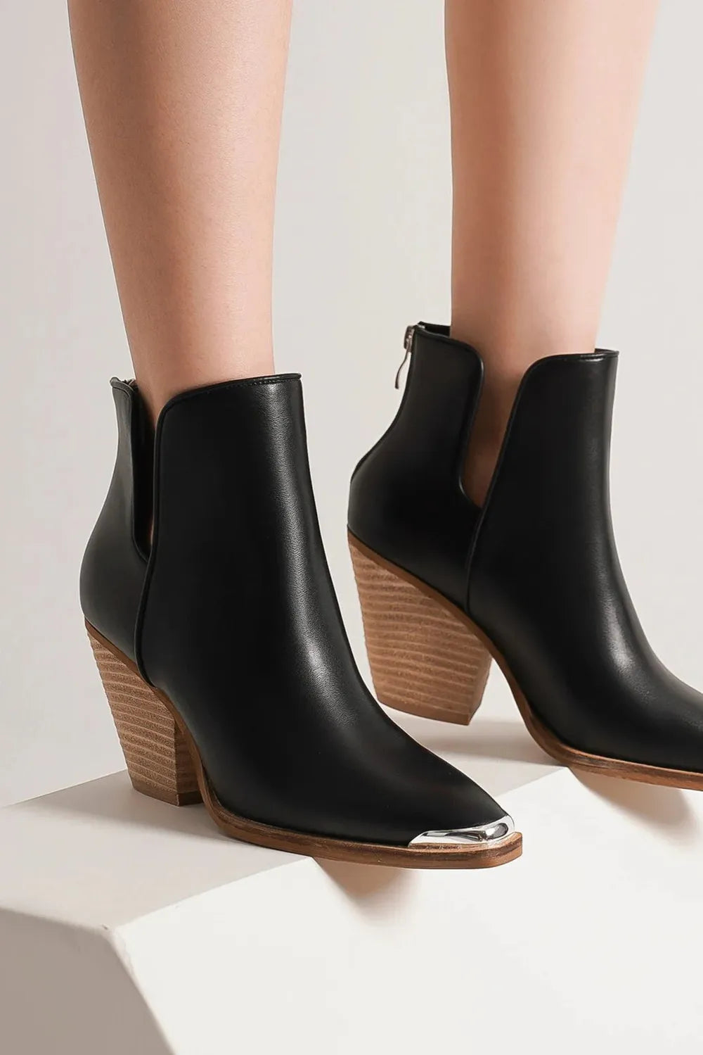 Beast Fashion Pointed Metal-Tip Toe Block Heel Ankle Boots - Lilixa.store