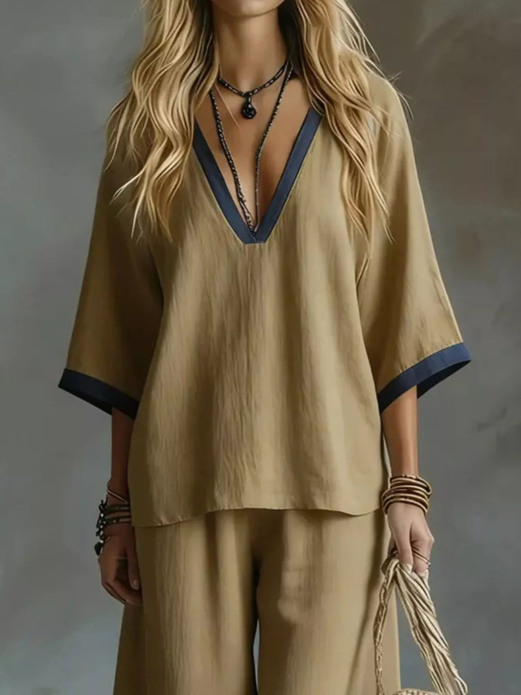 Full Size Contrast Trim V-Neck Top and Pants Set Plus Size - Lilixa.store