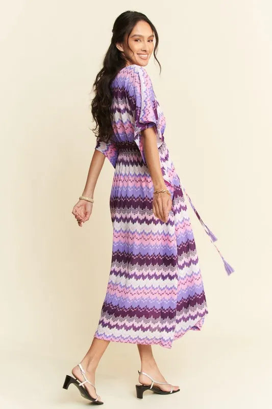 Davi & Dani Multi Color Wavy Tie Waist Flowy Sleeve Dress - Lilixa.store