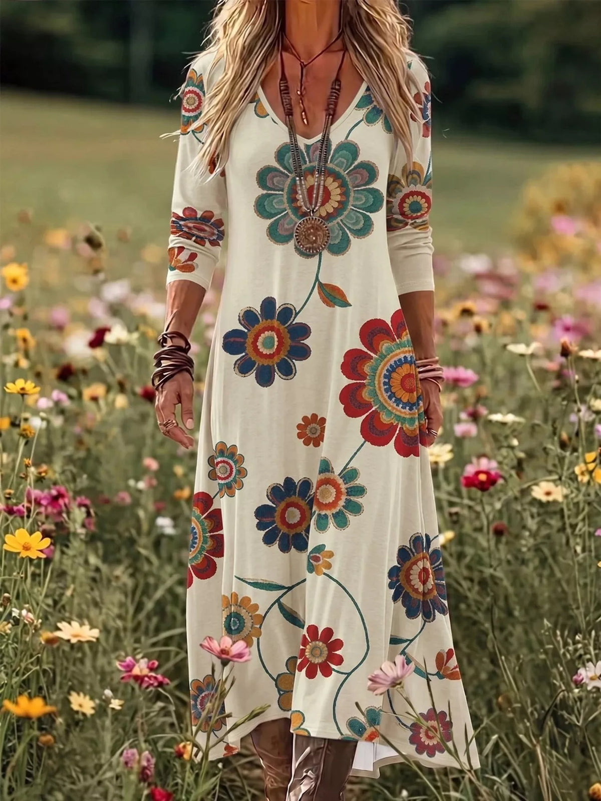 Floral Print V-Neck Long Sleeve Maxi Dress
