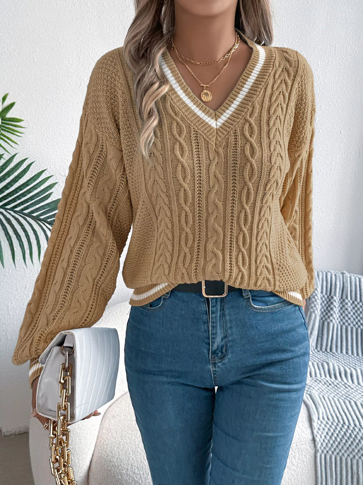 V-Neck Cable Knit Sweater with Striped Trim