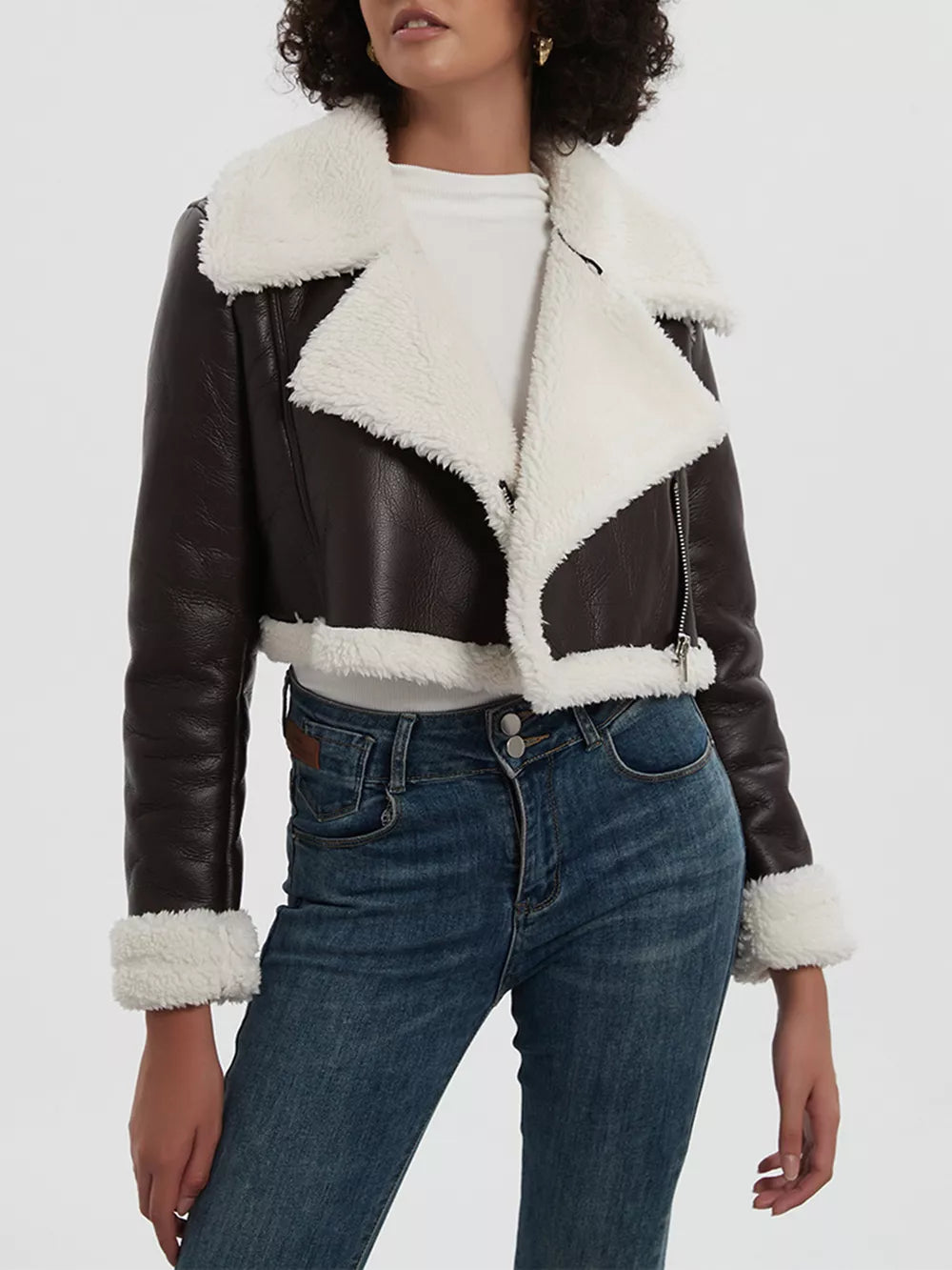 Collared Neck Long Sleeve Plush Cropped Jacket in Chocolate