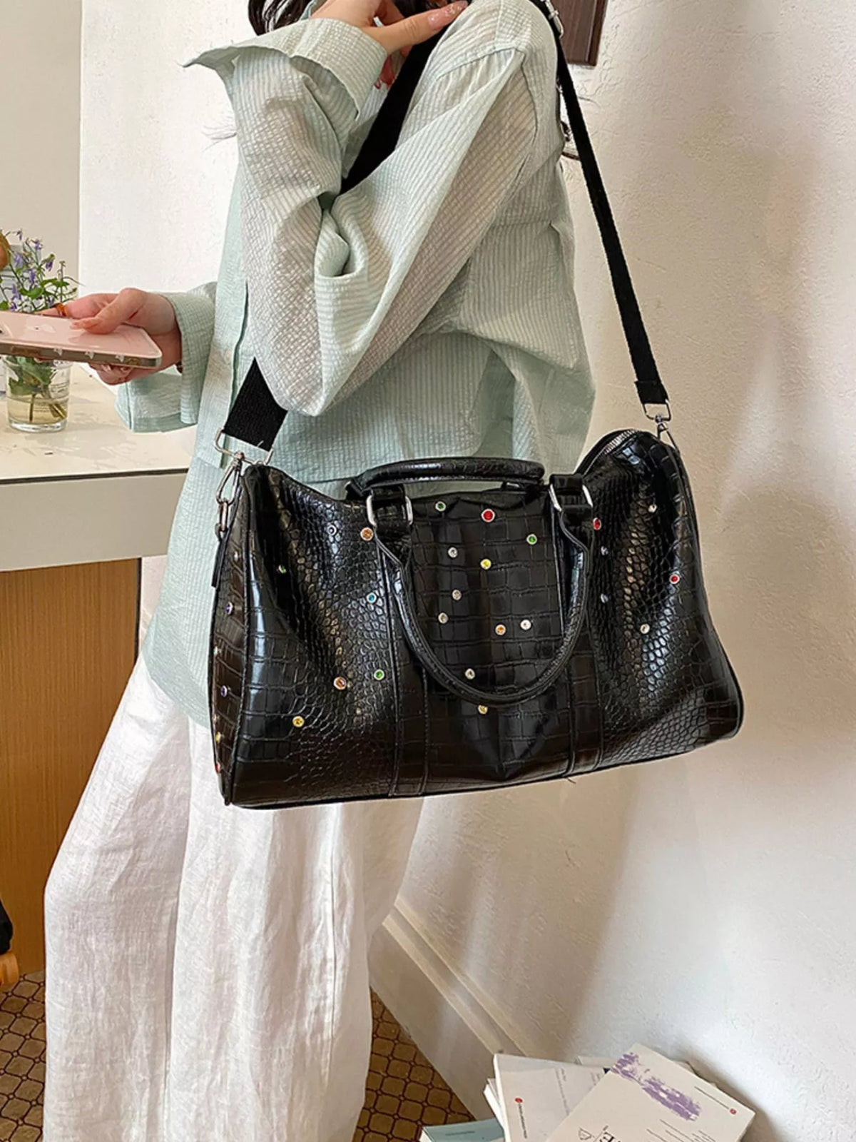 Crocodile Embossed Studded Travel Bag in Black