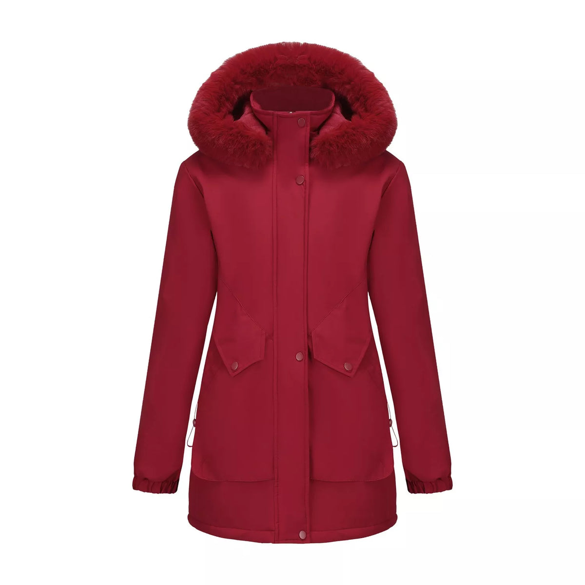 Full Size Fur Hooded Warm Winter Parka Outerwear Plus Size in Burgundy