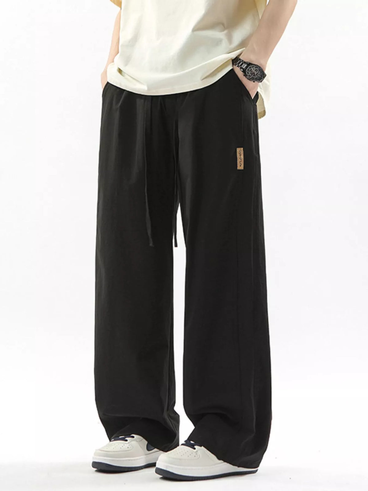 Men's Full Size Loose Fit Drawstring Wide Leg Pants Plus Size in Black