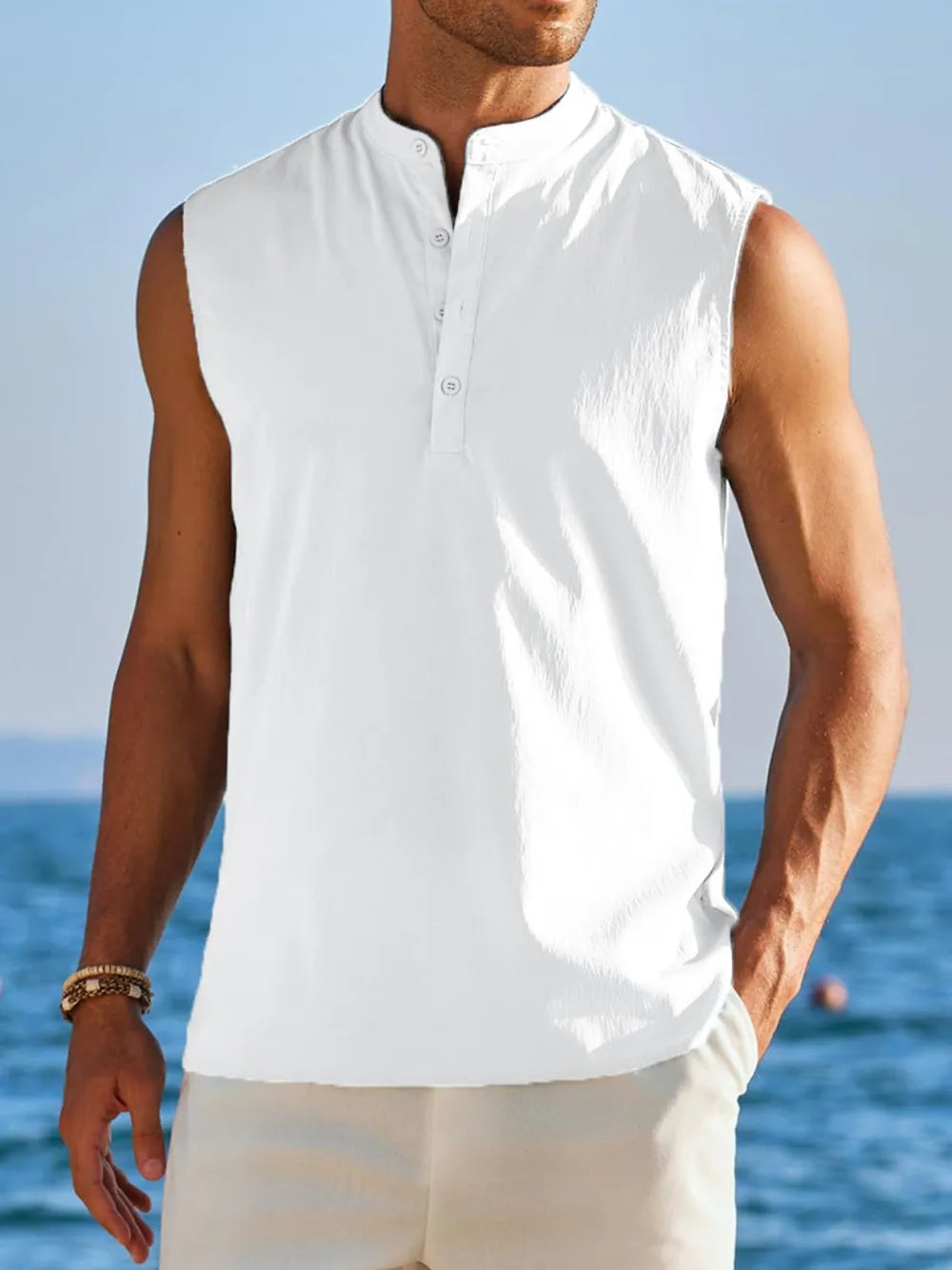 Men's Full Size Button Detail Tank Plus Size in White