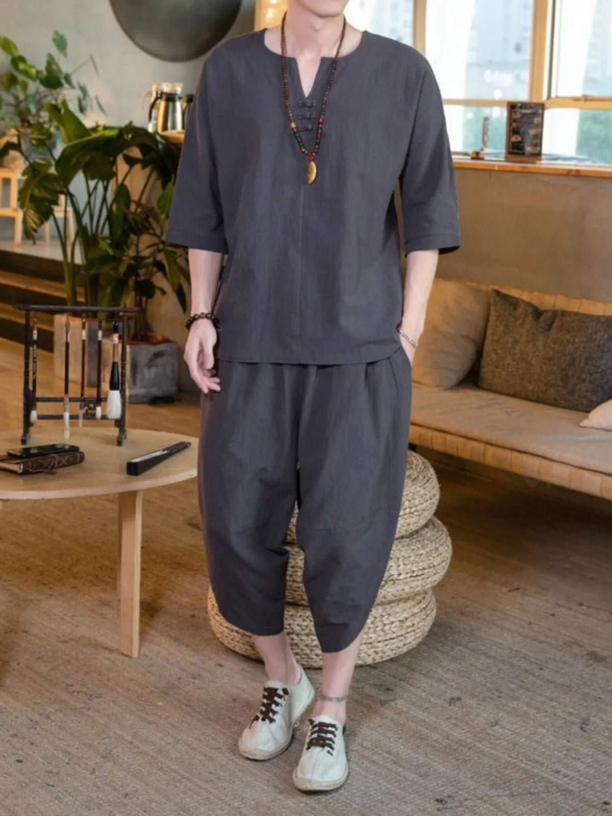 Men's Plus Size Notched Half Sleeve Top and Cropped Pants Set in Dark Gray