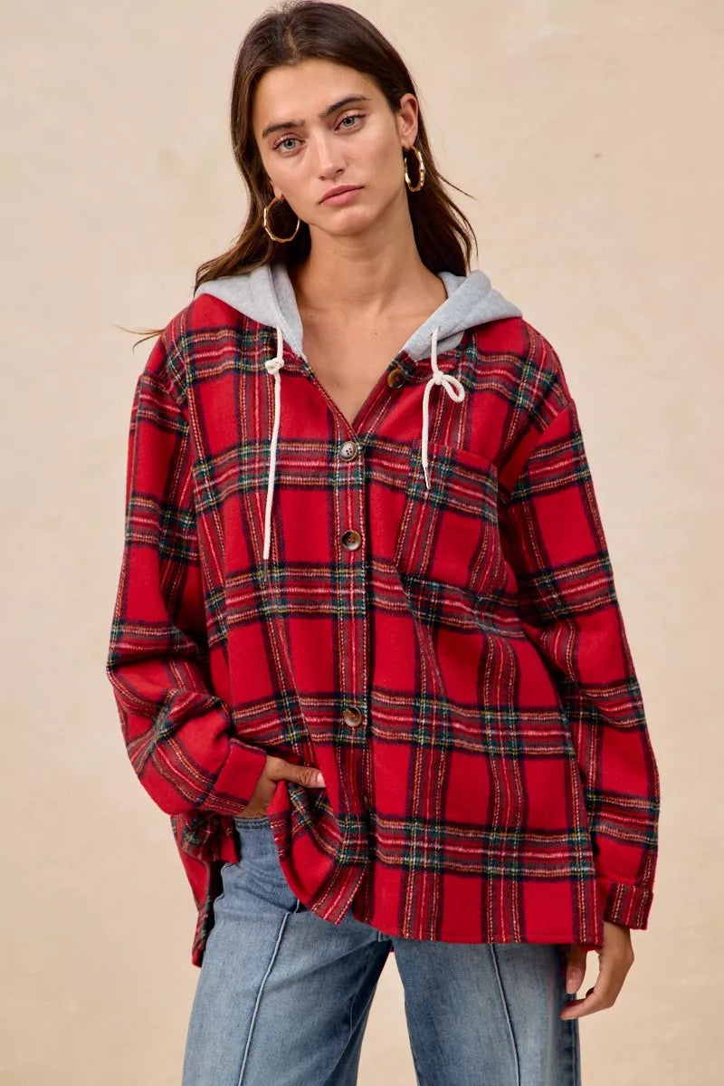 BiBi Brushed Plaid Hooded Jacket in Red Plaid, view 18