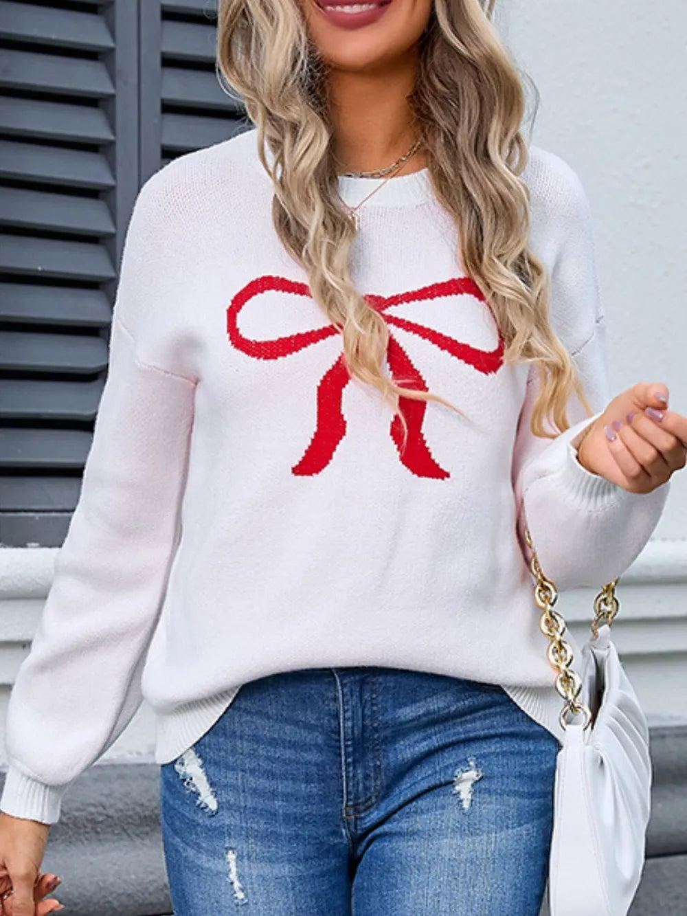 Angel Wings Bow Graphic Round Neck Long Sleeve Sweater - Lilixa.store