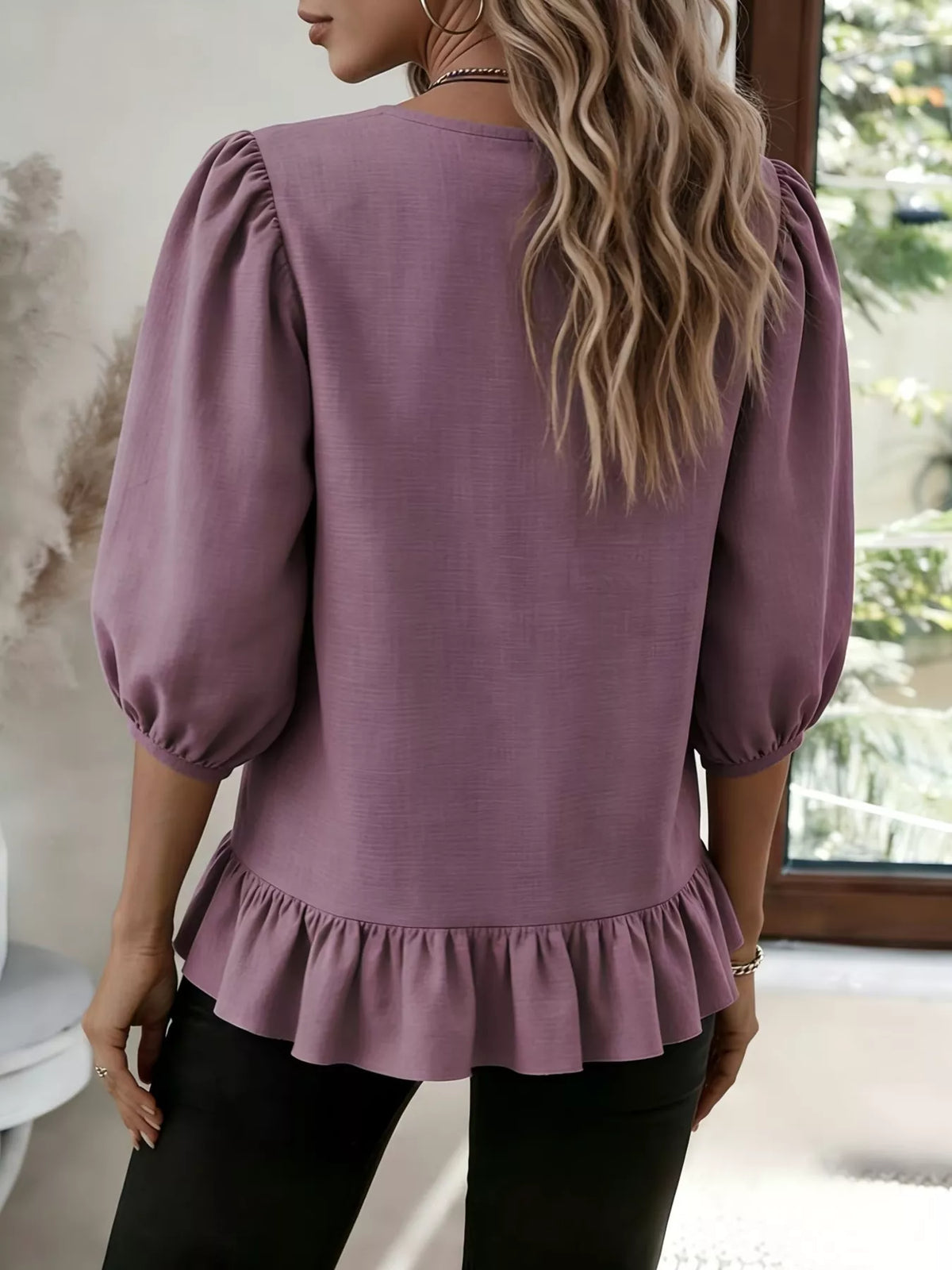 Casual Puff Sleeve Ruffle Hem Blouse, view 7