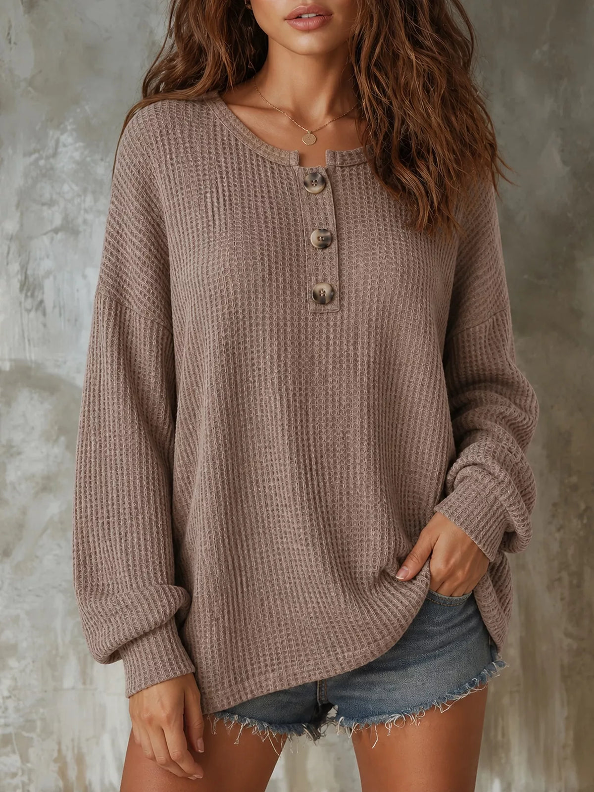 Button Detail Dropped Shoulder Knit Top - Lilixa.store