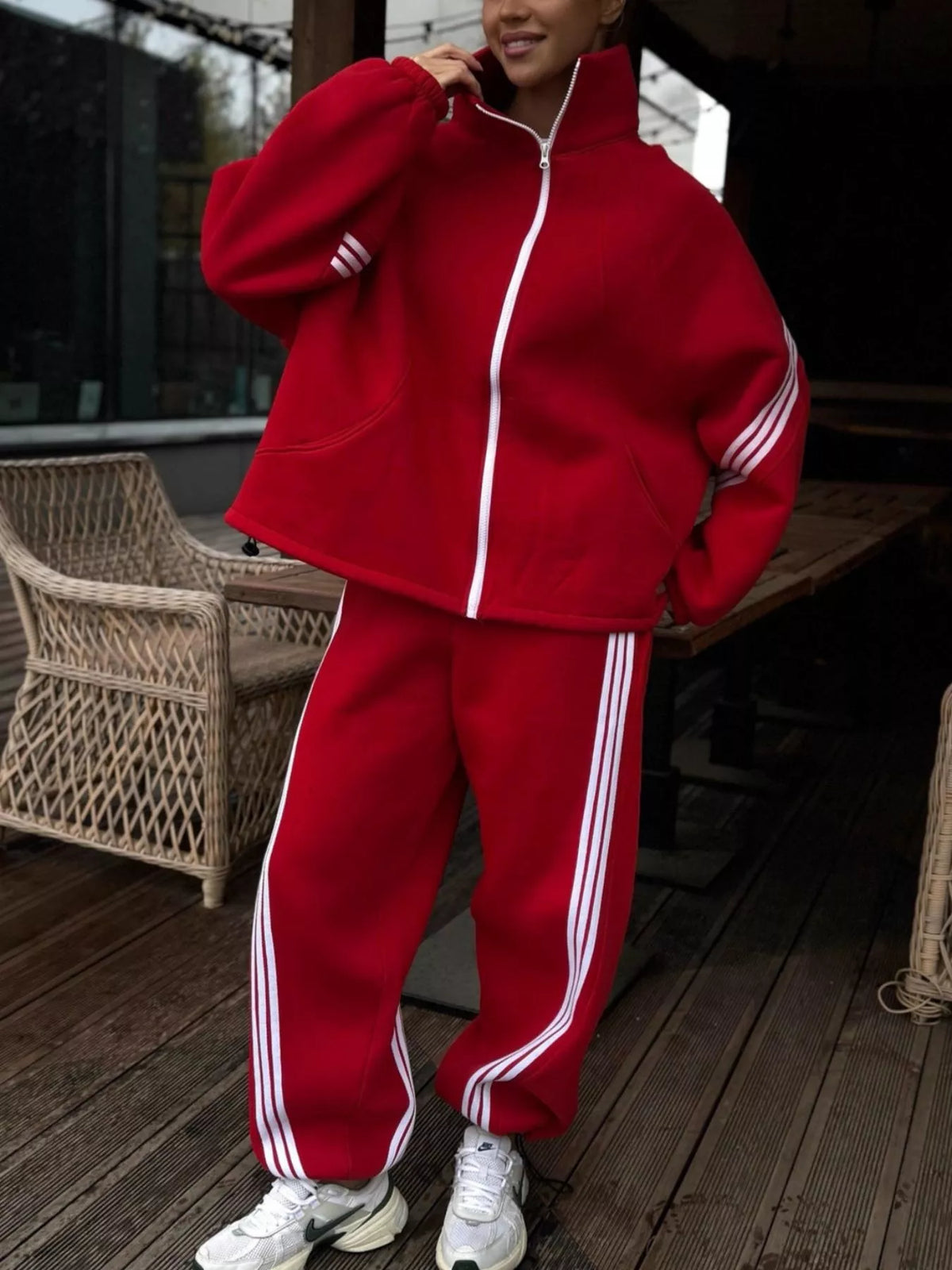 Contrast Striped Zip Up Top and Pants Set - Lilixa.store