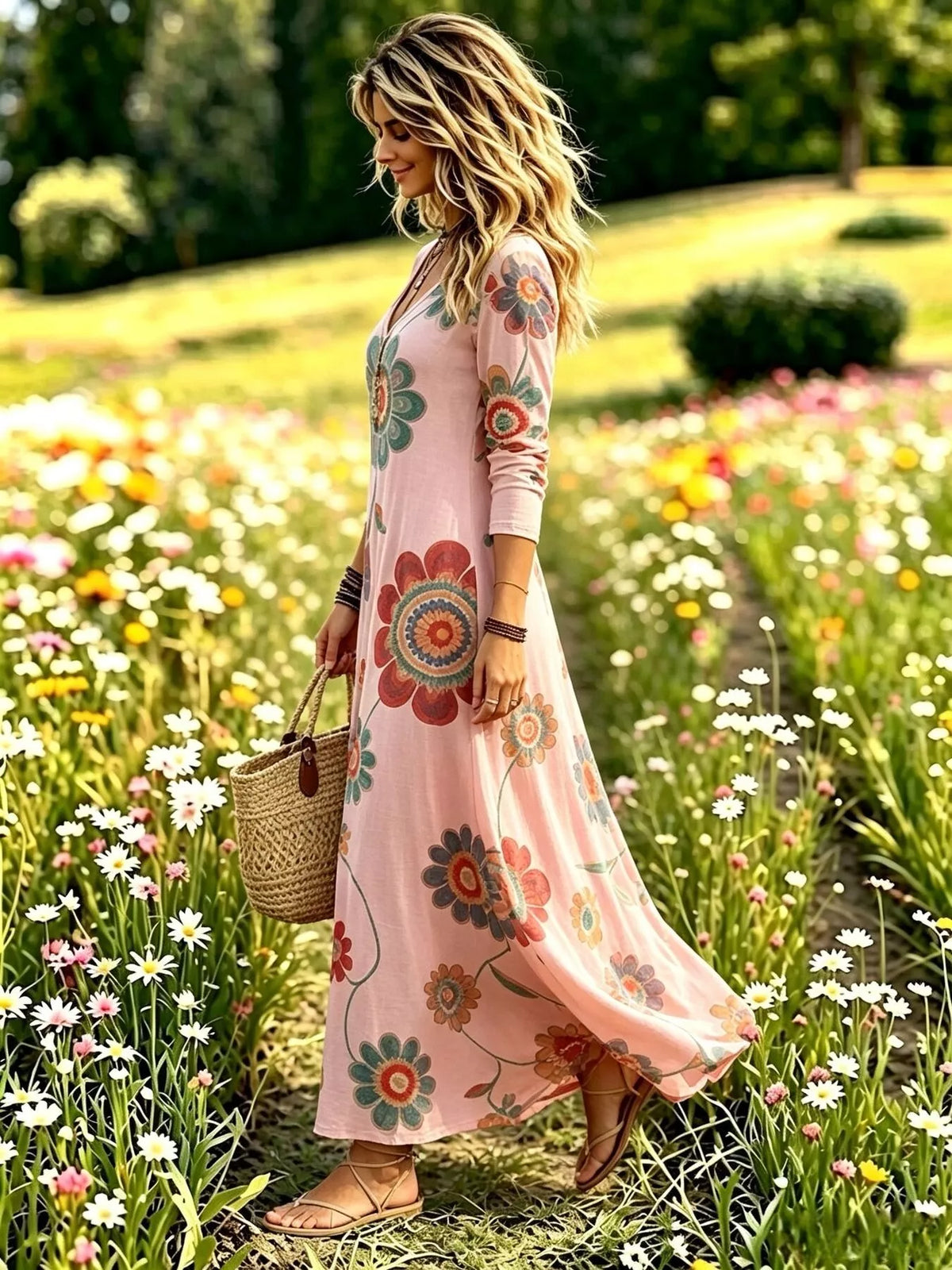 Floral Print V-Neck Long Sleeve Maxi Dress