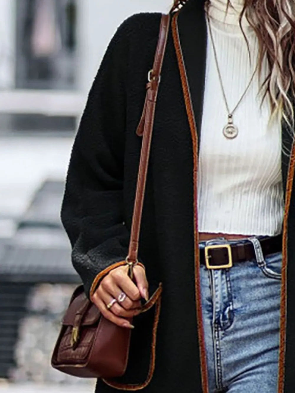 Full Size Contrast Trim Long Sleeve Coat with Pockets, view 4
