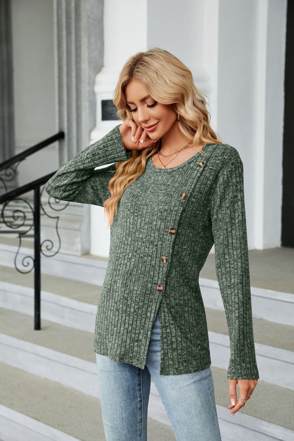 Buttoned Long Sleeve Slit Top, view 7